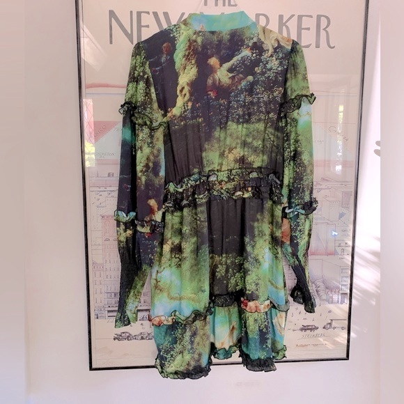 NWT ICONE Simons ruffle mini dress with pictorial imagery great colour combo M - Picture 2 of 11